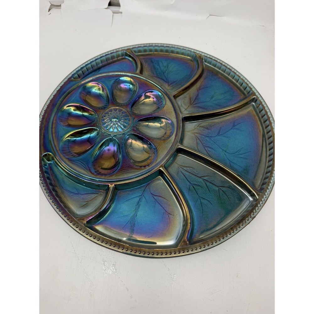 Indiana Carnival Glass Plate Blue Iridescent Deviled Egg Relish Tray 13" Tree